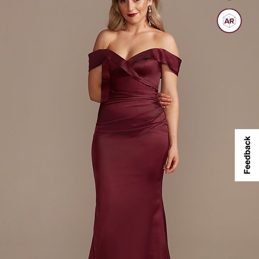 David’s Bridal off the shoulder satin mermaid dress- Wine (color). Worn once
